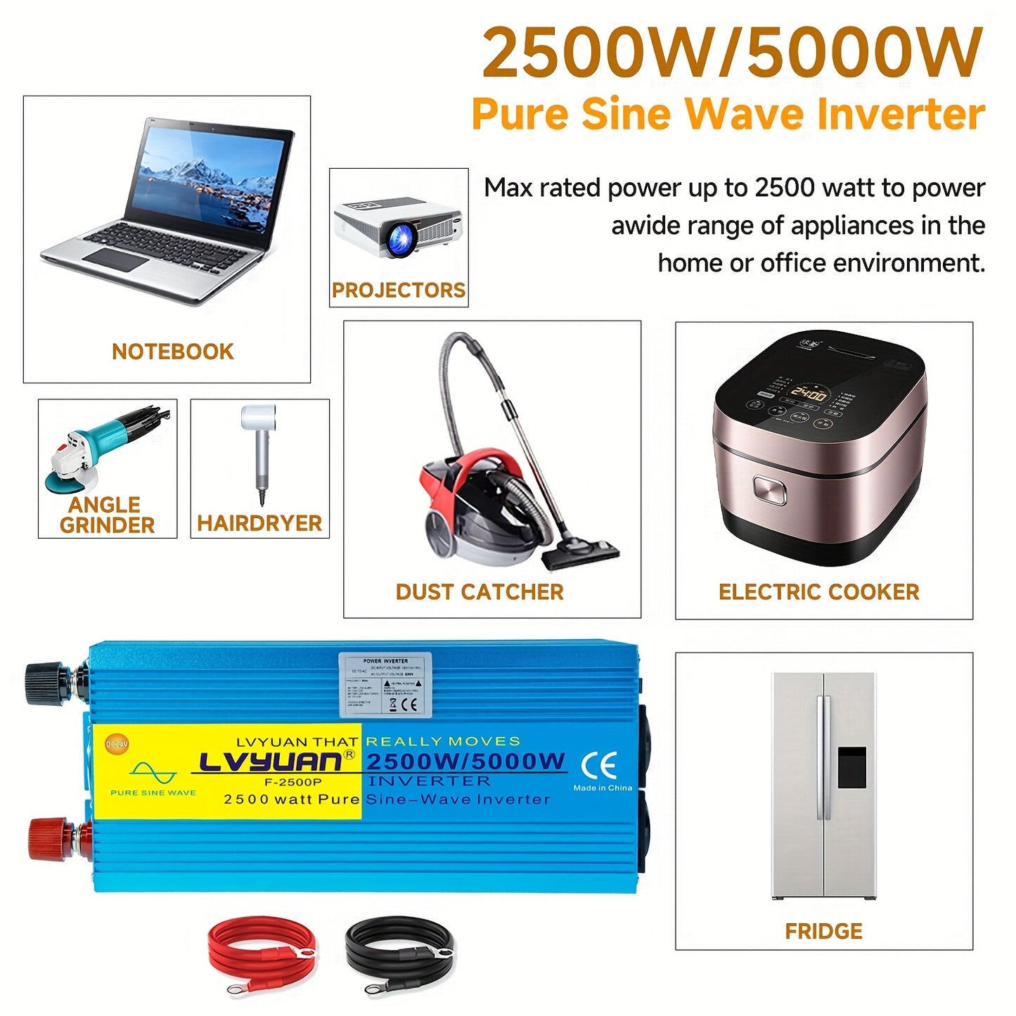 Spanningsomvormer – Omvormer – Inverter – Stroomomzetter – Converter – 12V naar 220V – Pure Sinusgolf – 2500W Continu Vermogen – 2 AC Stopcontacten met LCD Display