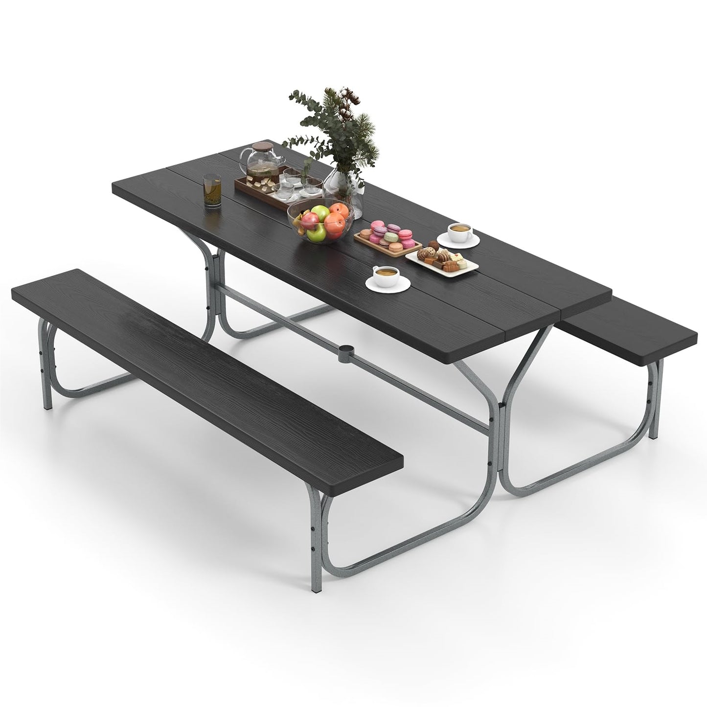 Bier Tent Set – Bierbank Set – Picknicktafel – Feesttafel – Tuinset – Weerbestendig HDPE Blad – Inclusief Parasolgat – Zwart – Geschikt Voor 6-8 Personen – Robuust Metalen Frame