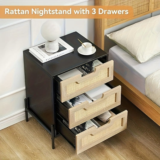Rattan Nightstand with 3 Drawers - Natural Rattan & Hardwood Vintage Bedside Table, Black Finish, 3.2 Cu Ft Storage, Compact Under 68.58cm Height for Bedroom & Living Room, Easy Assembly