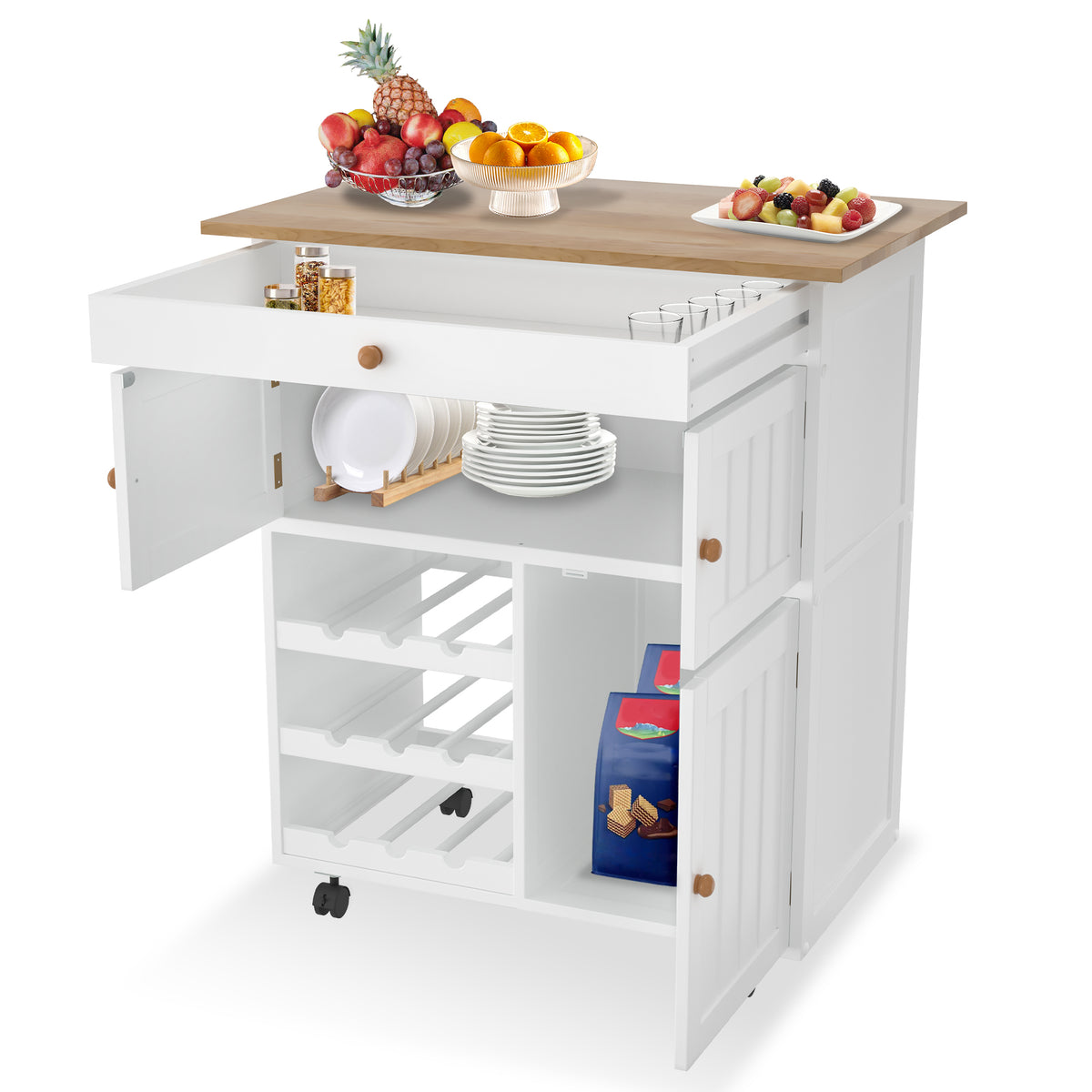Keukentrolley – Serveerwagen – Keukenwagen – Opbergtrolley – Rolwagen – Met Lade & Handdoekhouder – Metalen Frame – 150 kg Draagkracht – 85x70x40 cm – Wieltjes Met Rem – Wit