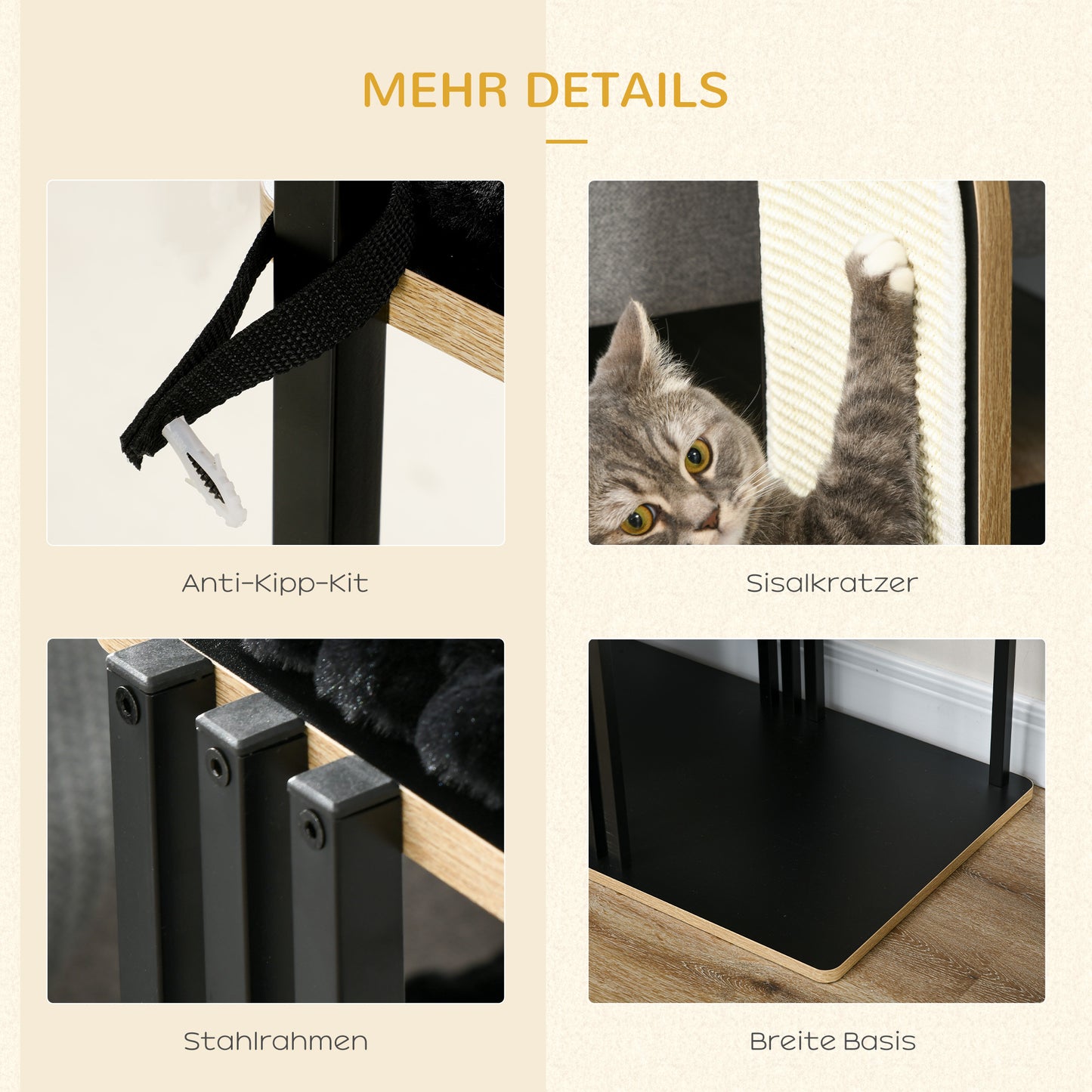 Krabpaal – Krabmeubel – Krabton – Kattenmeubel – Krabpaal Industrieel – Stalen Frame – 2 Platforms Met Wasbare Kussens – Natuurlijke Sisal Krabwand – Zwart – 85x48x128 cm