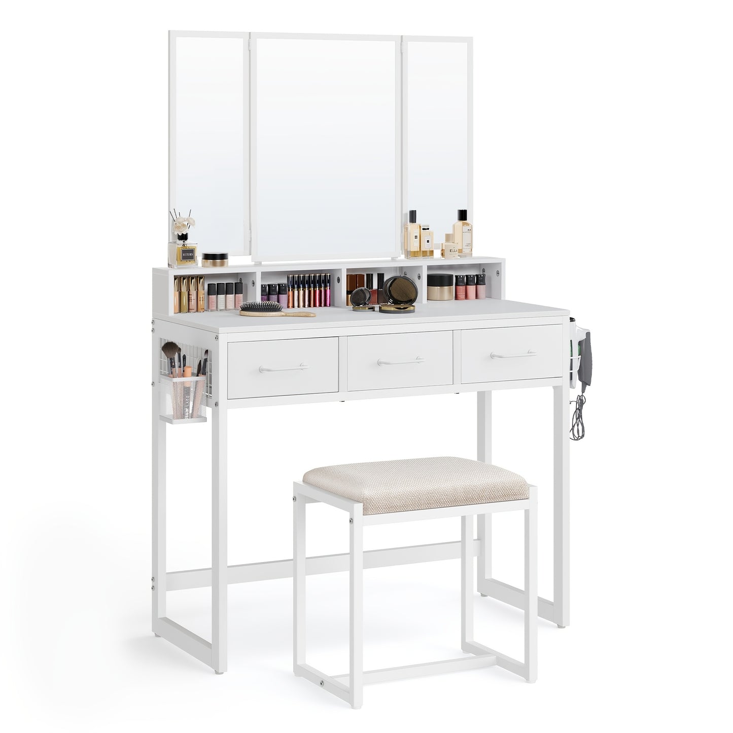 Kaptafel – Make-up Tafel – Cosmetische Tafel – Opmaaktafel – Visagie Tafel – Donker Hout & Zwarte Poten – 3 Laden en Driedelige Spiegel – Ingebouwde Haardrogerhouder – Met Krukje – Ruimtebesparend Design - QUORE