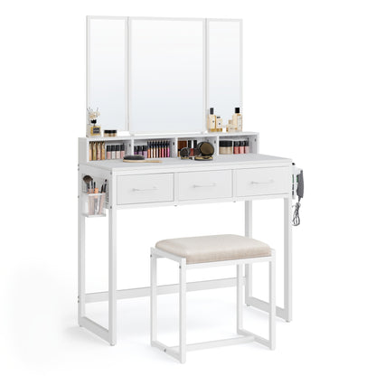 Kaptafel – Make-up Tafel – Cosmetische Tafel – Opmaaktafel – Visagie Tafel – Donker Hout & Zwarte Poten – 3 Laden en Driedelige Spiegel – Ingebouwde Haardrogerhouder – Met Krukje – Ruimtebesparend Design - QUORE