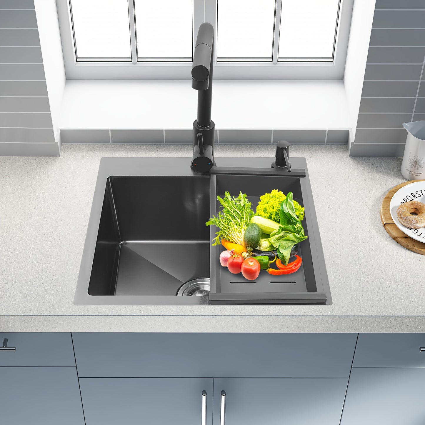 Keukenspoelbak – Spoelbakken Keuken – Wasbak Keuken – Enkele Spoelbak – Gootsteen – RVS 201 Staal – Uittrekbare Kraan 60 cm