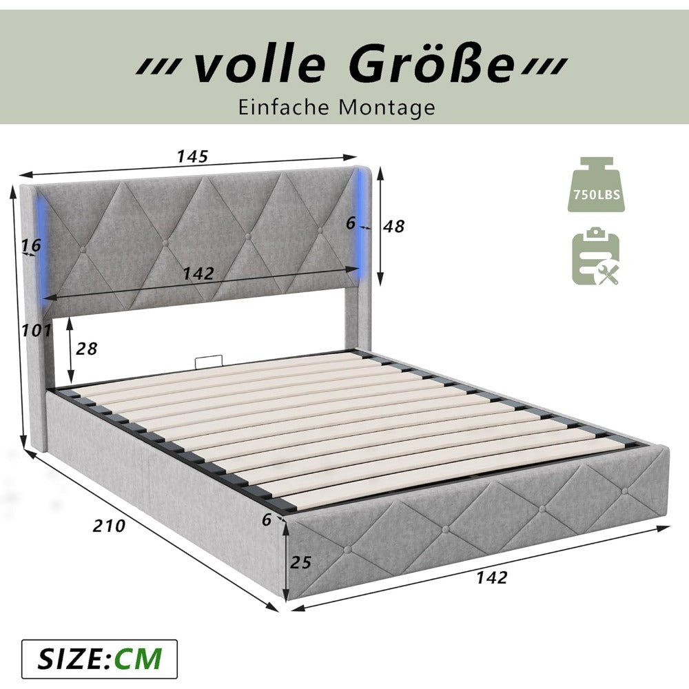 Tweepersoonsbed – Bedframe – Opbergbed – Boxspring – Bedlade – 160x200 cm – Velvet Bekleding – Hydraulische Opbergruimte Met LED-Verlichting