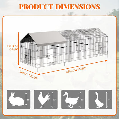 Kippenren – Buitenren – Kippenhok – Pluimveebak – Dierenren – 330x102x102 cm – Stevig Metaal – Weerbestendige Halfopen Overkapping