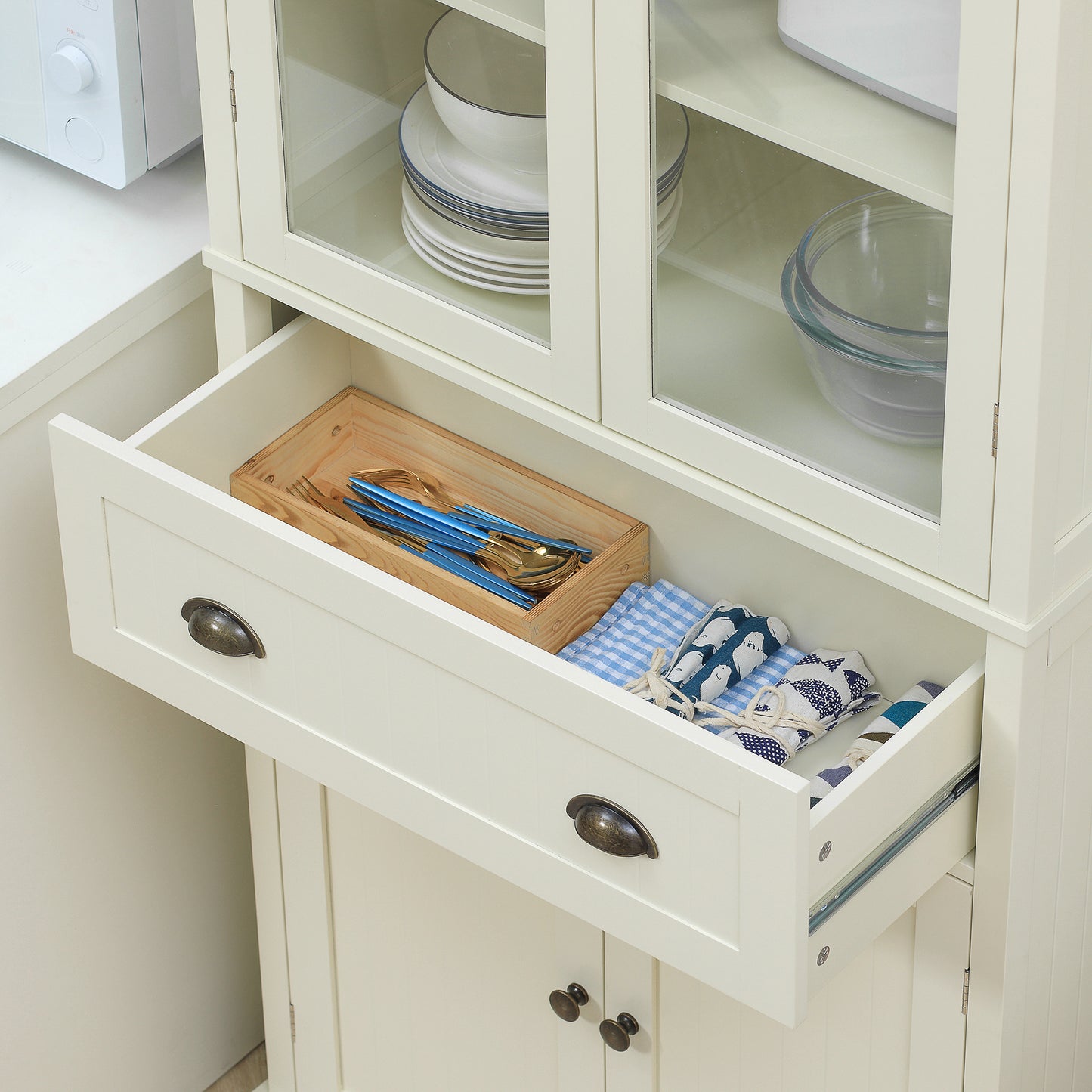 Keukenkast – Buffetkast – Dressoir – Opbergkast – Kast Met Lade – 4 Deuren Inclusief 2 Glazen Deuren – Hoogte 182,5 cm – MDF Beige