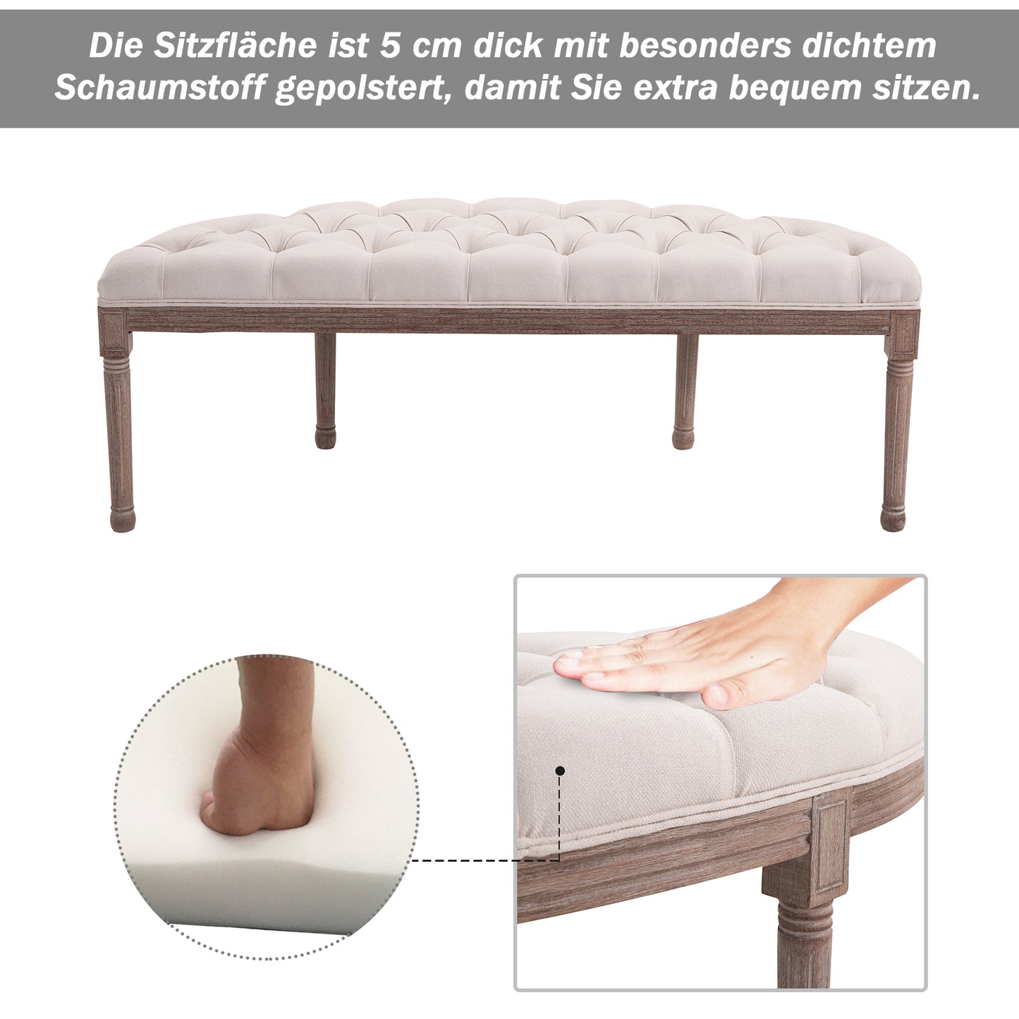 Bankje – Zitbank – Poef – Halbank – Loungekruk – Gevuld Kussen – Linnen Bekleding – Stabiele Houten Poten – 140,5 x 51 x 48 cm – Beige