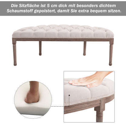 Bankje – Zitbank – Poef – Halbank – Loungekruk – Gevuld Kussen – Linnen Bekleding – Stabiele Houten Poten – 140,5 x 51 x 48 cm – Beige