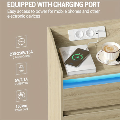 nachtkastje – bijzettafel – nachtkastje met lade – slaapkamertafel – nachtkastje set – oplaadstation met 2 USB en 2 stopcontacten – 3 grote lades – LED-verlichting – zwart – 35x40x68 cm – spaanplaat