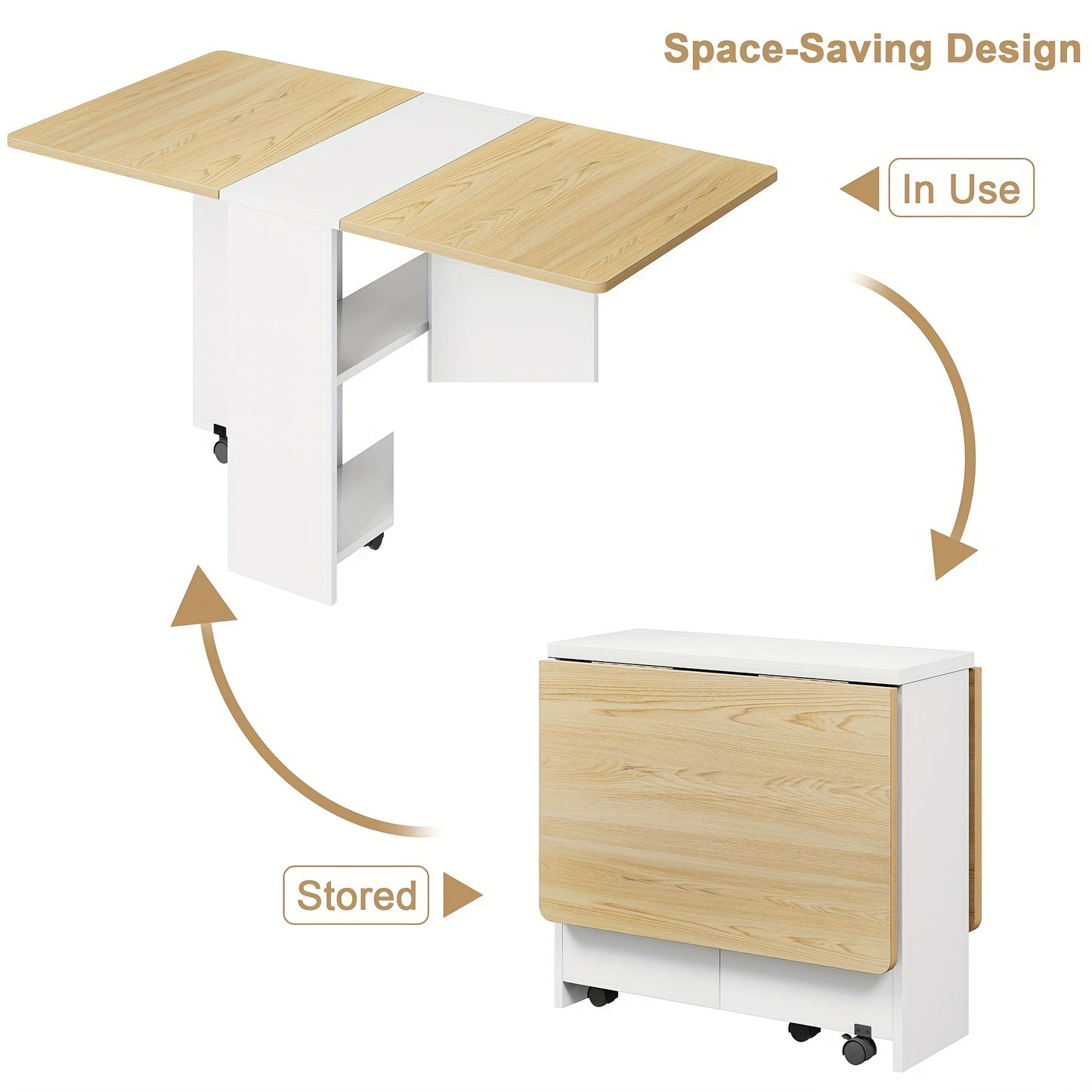 Opvouwbaar bureau – Computerbureau – Schrijftafel – Kantoorbureau – Inklapbare tafel – Licht hout met wit – 6 zwenkwieltjes – 2-laagse opbergruimte – Ruimtebesparend 120x60x75 cm