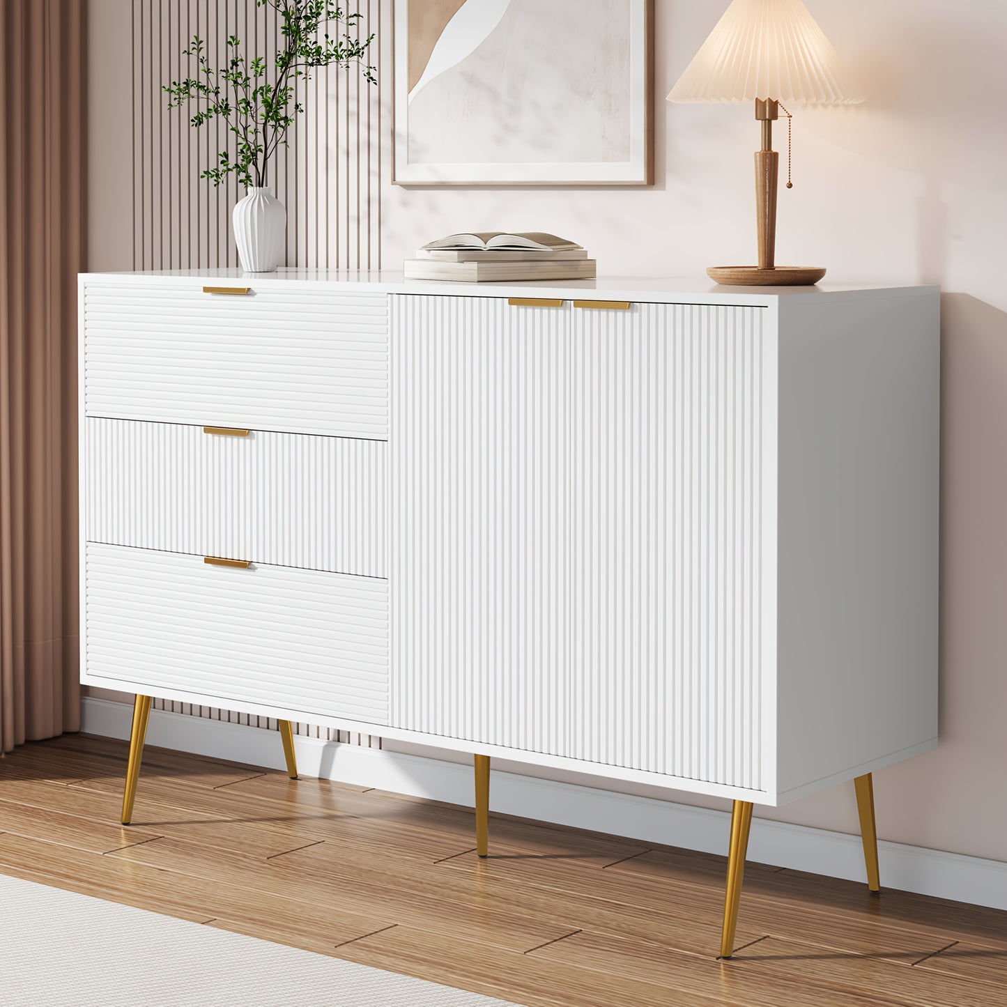 Dressoir – Buffetkast – Opbergkast – Ladekast – Woonkamerkast – Wit Met Gouden Accenten – Massief Hout – Met Deuren En Laden