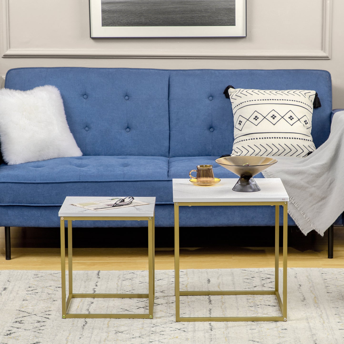 Bijzettafels – Bijzettafel – Salontafel – Tafeltje – Stapelbare Tafels – Wit – Marmerlook Tafelblad – Goudkleurig Metalen Frame