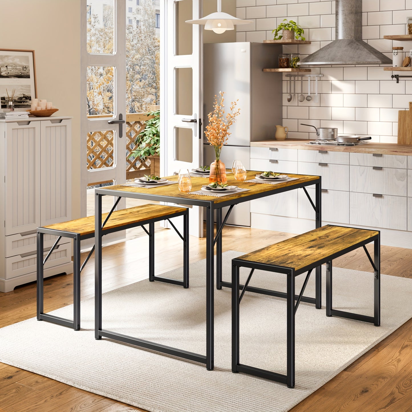 Eettafelset – Eetkamerset – Eethoek – Keukentafelset – Tafel met banken – Waterafstotend tafelblad – Industrieel stalen frame – Vintage kleur