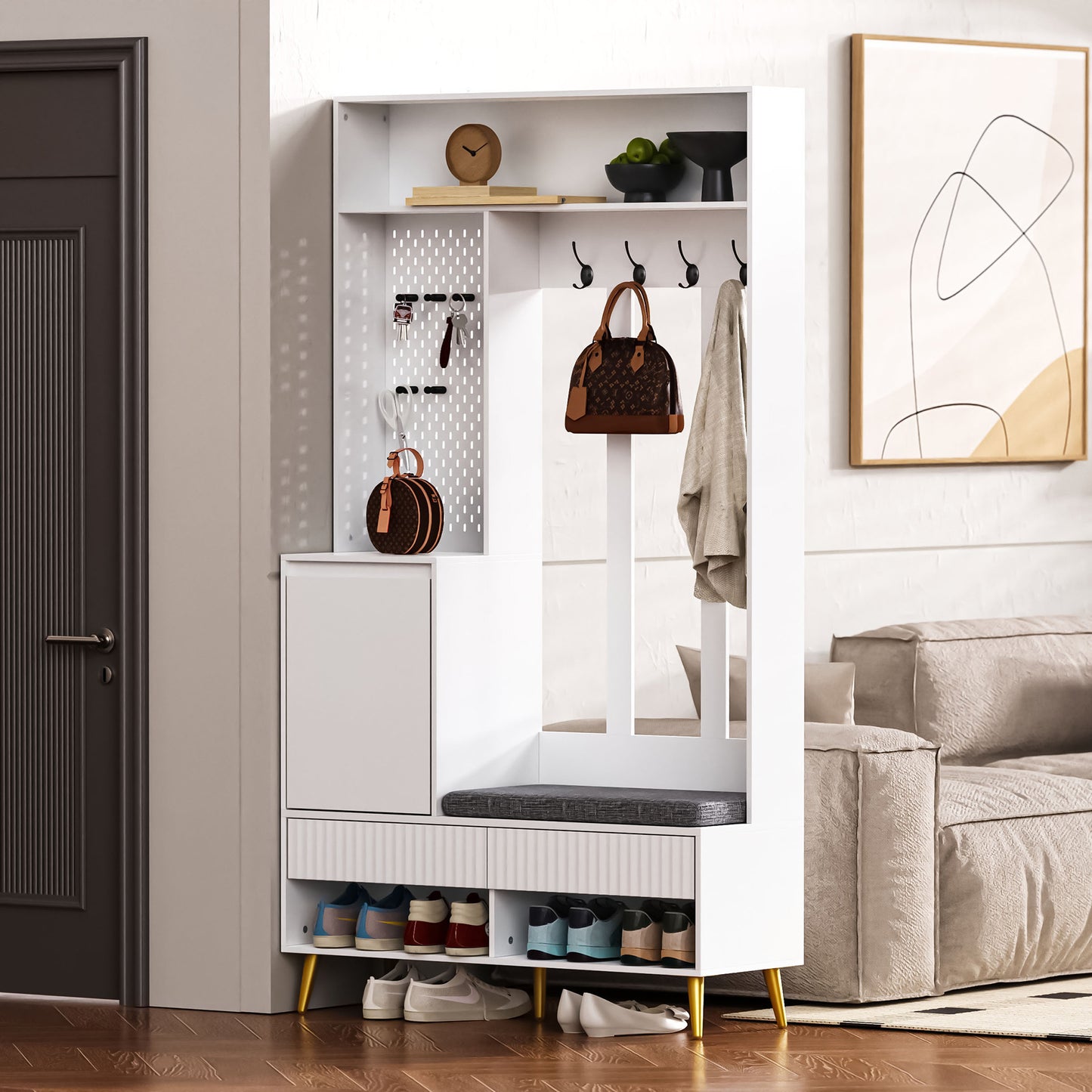 Garderobekast – Kapstok – Schoenenkast – Schoenbank – Halmeubel – 6-in-1 Multifunctioneel – MDF Wit – 100x35x180 cm – Anti-Kantel Veiligheid
