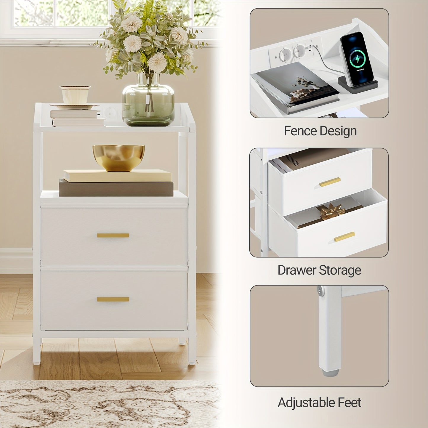 Nachtkastje – Bedside Table – Bijzettafel – Opberkkast – Nachtmeubel – Met LED Verlichting – USB Oplaadstation – Wit – 2 Lades – Stabiel Design