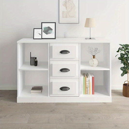 Modern White Sideboard with Drawers & Shelves - 106.68cm Wide, 35.56cm Deep, 66.04cm Tall Storage Cabinet for Living Room, Bedroom, Office - Minimalist Design, Hardwood Construction, No Assembly Required, Sideboard Cabinet, B