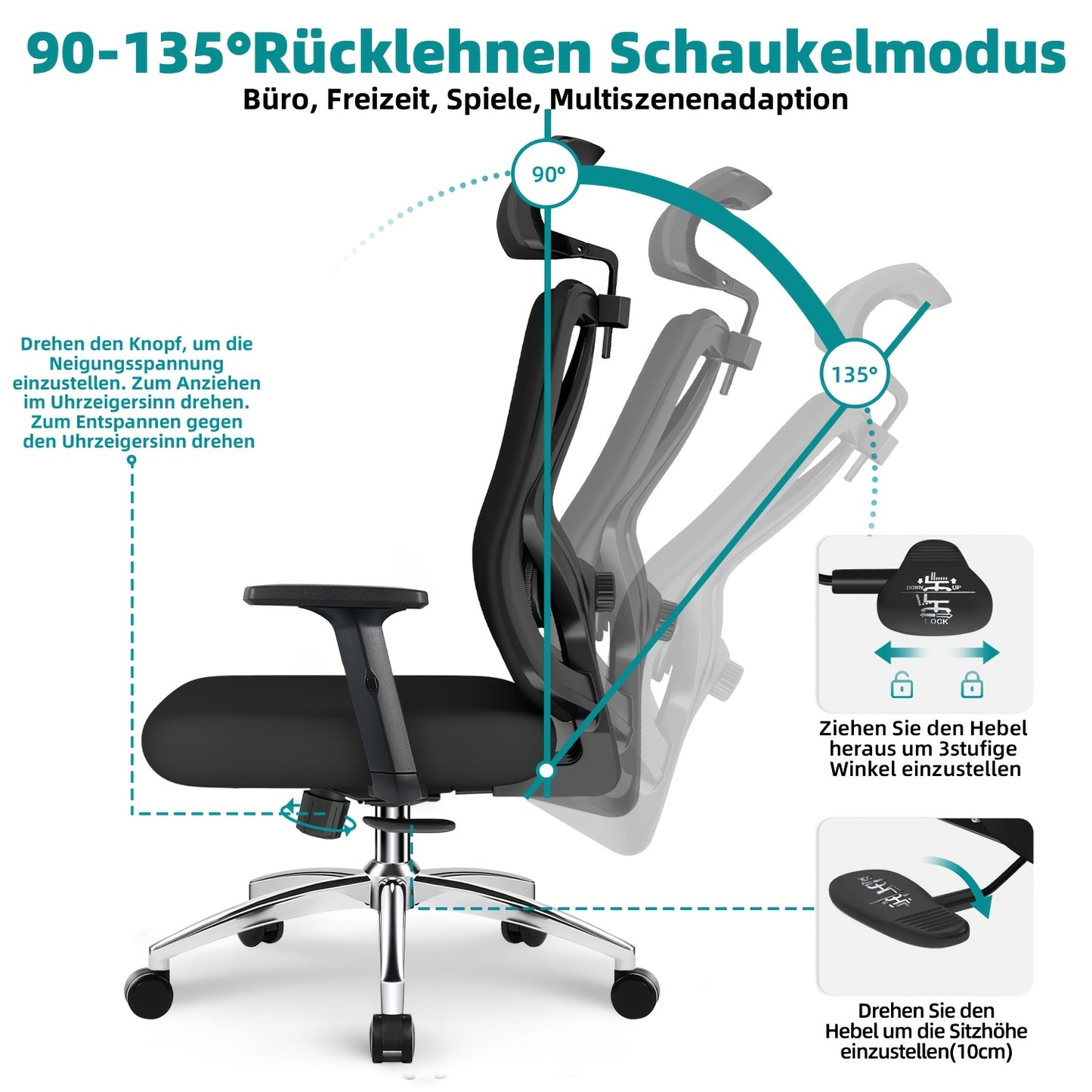 Ergonomische Bureaustoel – Bureaustoel Kantoorstoel Werkstoel Draaistoel – Variant A – Verstelbare Rugleuning 90-135° – 3D Lendensteun Met Memory Foam Zitting