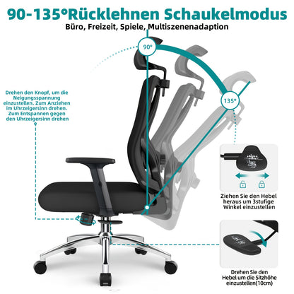 Ergonomische Bureaustoel – Bureaustoel Kantoorstoel Werkstoel Draaistoel – Variant A – Verstelbare Rugleuning 90-135° – 3D Lendensteun Met Memory Foam Zitting