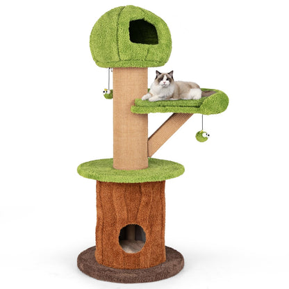 Kattenboom – Krabpaal – Klimmeubel – Kattenhuis – Kattenklimtoestel – Met Kattenholte en Speelballen – Stevig Houten Frame met Sisal Krablaag – Afmeting 60x60x148 cm – Bruin Groen Natuurlijk