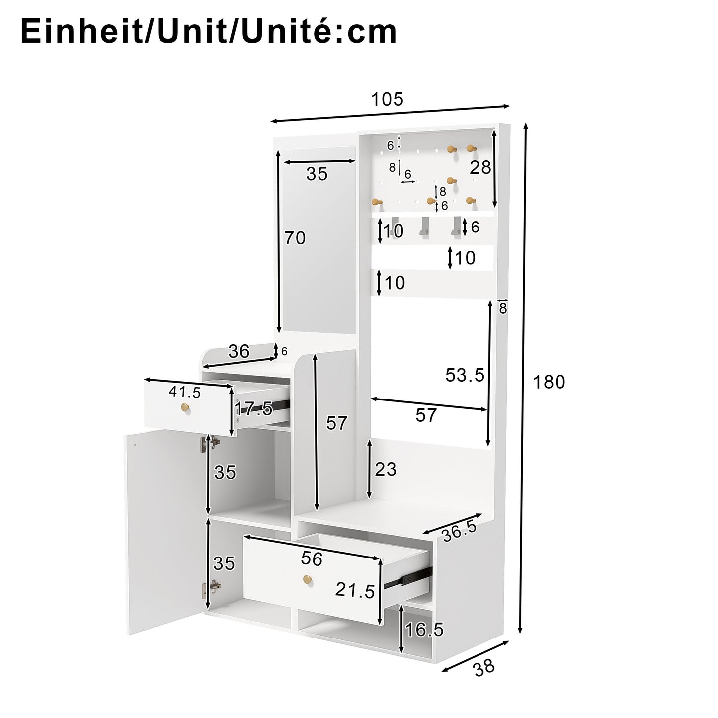 Kapstok – Wandkapstok – Garderobekast – Halmeubel – Schoenenrek – Compact Design – Verstelbare Haken – Spiegel – Warme Houtlook – 105x38x180 cm