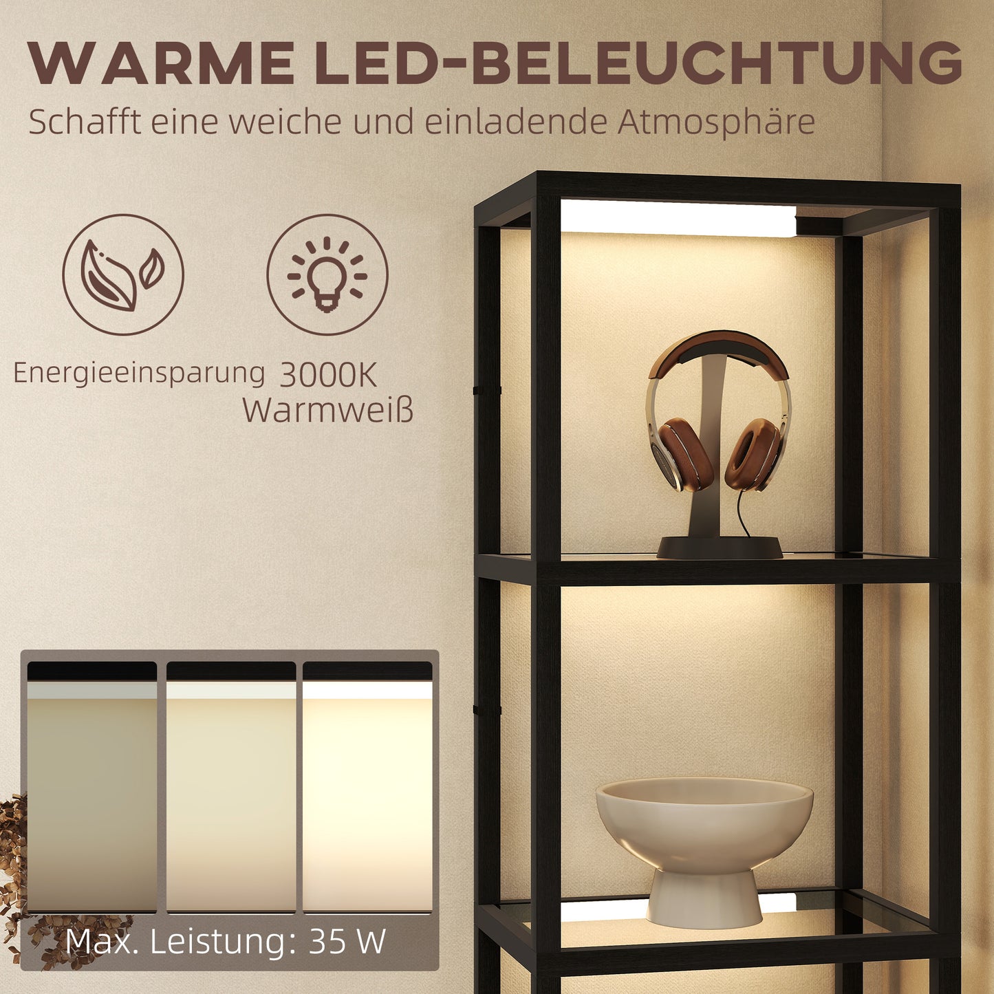 Vloerlamp – Staande Lamp – Ledlamp – Leeslamp – Sfeerlamp – 4 Glazen Planken – Warmwit Licht 3000K – Voetschakelaar Dimbaar – 157 cm Hoog – Zwart