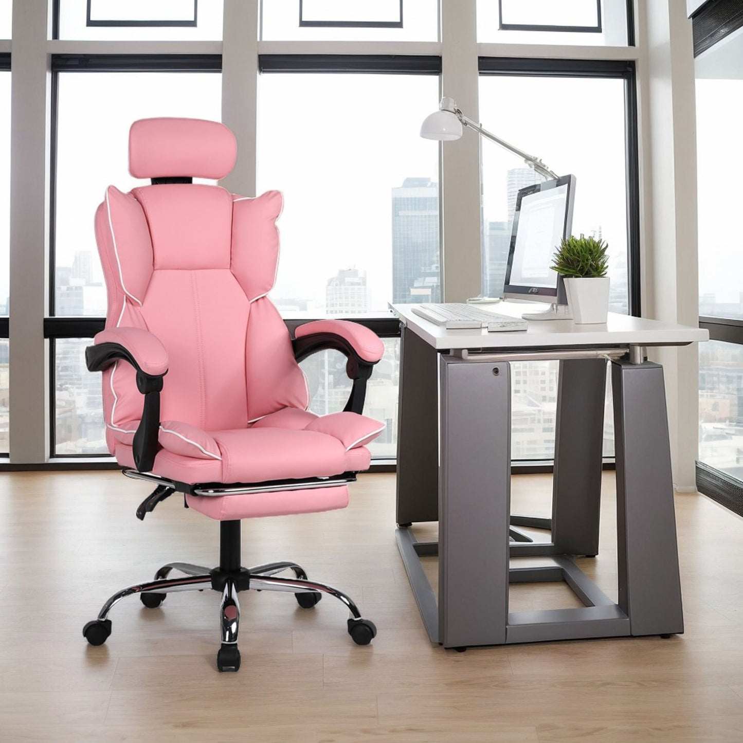 Gamingstoel – Gamestoel – Gaming Chair – Game Stoel – Bureaustoel – Ergonomisch – Verstelbare Hoogte – PU Leer – Zachte Schuimvulling – Stevige Rugsteun – Paars-Wit – 5-Wielbasis – Geschikt Voor Volwassenen En Tieners