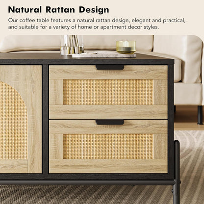 Salontafel – Koffietafel – Bijzettafel – Woonkamertafel – Middentafel – Mid-Century Design – Compact Met Opbergruimte – Zwart MDF Met Rattan Accenten