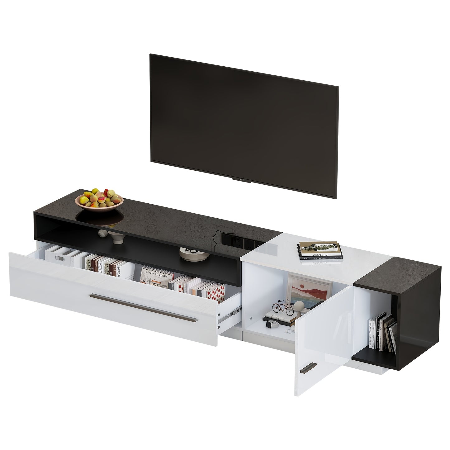 High-gloss TV Stand, Low Cabinet, TV Stand, TV Chest Of Drawers, 170cm - for TVs Up to 70 Inches, with Drawers, Doors And Open Compartments