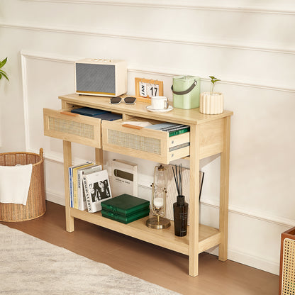 Rattan Sidetable – Bijzettafel – Console Tafel – Opbergmeubel – Haltafel – Natuurlijk Rattan – 2 Lades – Warme Eikenhoutkleur