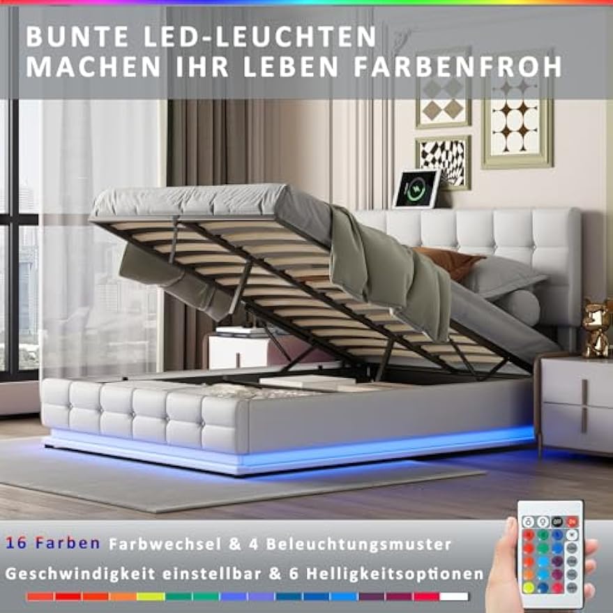 Boxspringbed – Boxspring – Bed – Tweepersoonsbed – Gestoffeerd Bed – LED-verlichting – Opbergruimte 32,5 cm – PU Leder