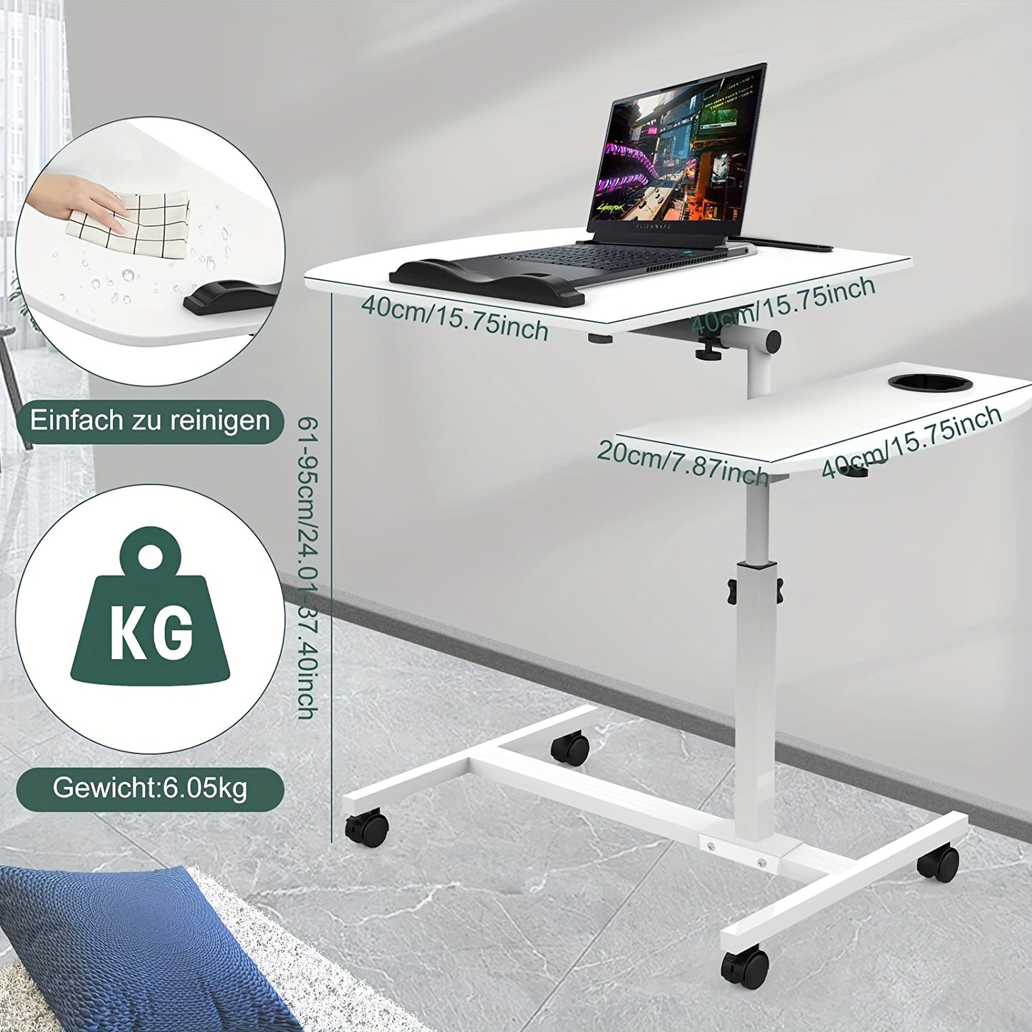 Space-Saving Adjustable Desk 60x40cm | Tilt-Top & Height Adjustable from 61-95cm | Ergonomic Bedside Office Desk for Living Room, No-Tool Assembly, Polished Metal Finish, Compact Design for Small Spaces, Adjustable Desk, Mode