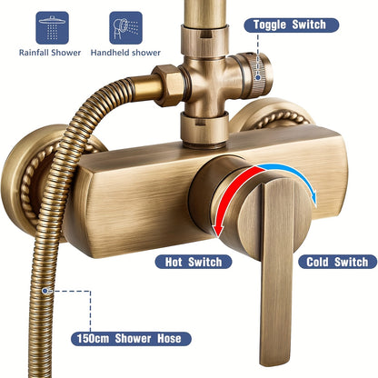 Antieke Badkamer Douche Set – Retro Douchekraan – Regenkraan – Douche Systeem – Wandmontage – 8 Inch Regen Douchekop – Verstelbare Hoogte 70-120 cm