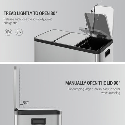 Kitchen Trash Can, Waste Separation System with 3 Compartments, 45L (3 X 15L), Stainless Steel Kitchen Trash Can, Pedal Bin with Color-coded Pedals, Waste Bin with Quiet, Slow Descent, Silvery, Garbage Bin for Kitchen, Wall M