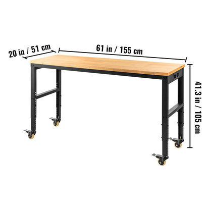 Verstelbare Werkbank – Werktafel – Werkbank Op Wielen – Werkruimte – Werkstation – 155x51 cm Massief Houten Blad – Ingebouwde Stroomvoorziening Met Usb Poorten