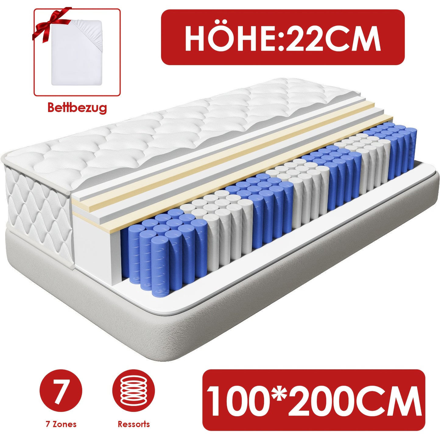 Matras – Pocketveringmatras – Ergonomisch Matras – Tweepersoonsmatras – Topmatras – 100x200 cm – 7-Zones Pocketvering – Katoenen Hypoallergeen Hoes