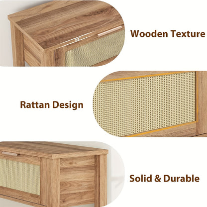Haltafel – Sidetable – Dressoir – Opbergtafel – Console – 110x30x79 cm – Gerecycled Caramel Eikenhout – Boho Rattan Met 2 Lades