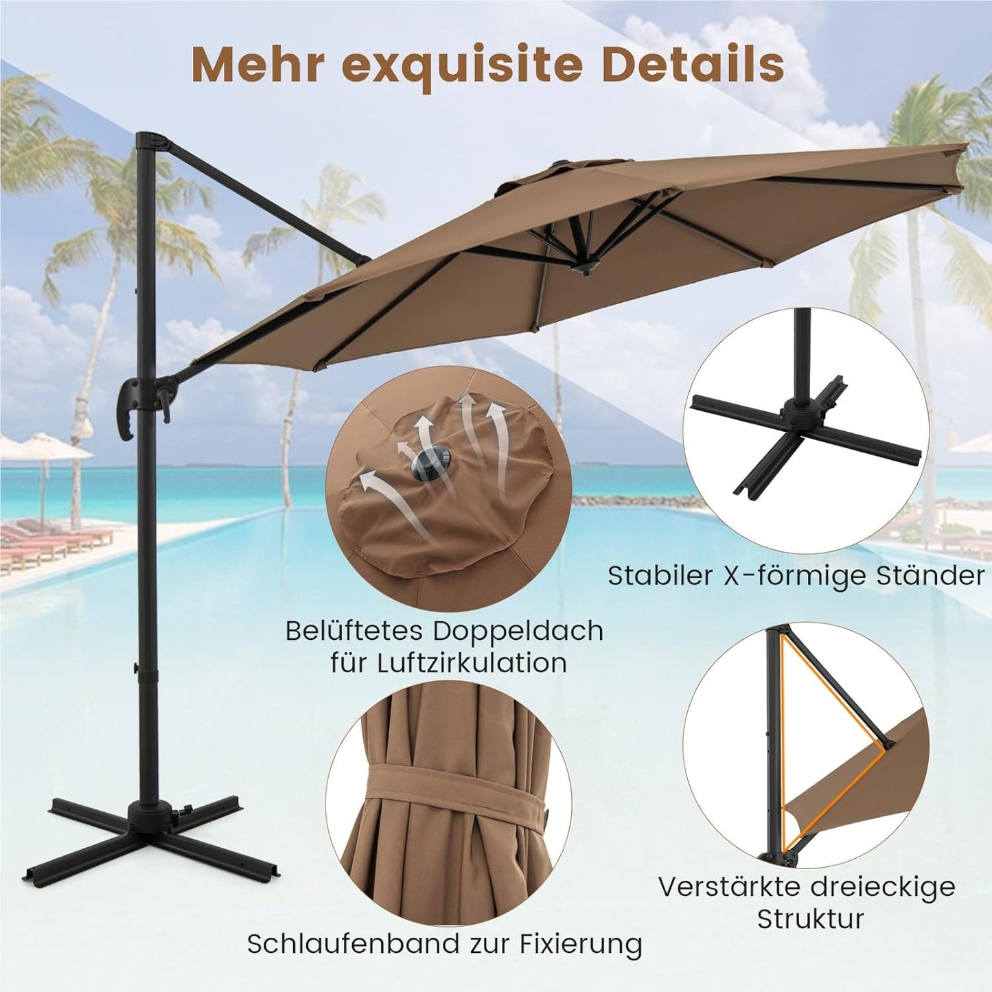 Parasol – Tuinparasol – Zweefparasol – Balkonparasol – Stokparasol – Ø 300 cm – Kantelbaar & 360° Draaibaar – UV-bestendig Polyester – Robuuste Aluminium Frame – Bruin