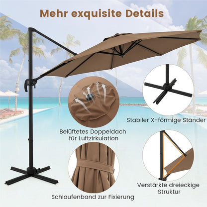 Parasol – Tuinparasol – Zweefparasol – Balkonparasol – Stokparasol – Ø 300 cm – Kantelbaar & 360° Draaibaar – UV-bestendig Polyester – Robuuste Aluminium Frame – Bruin