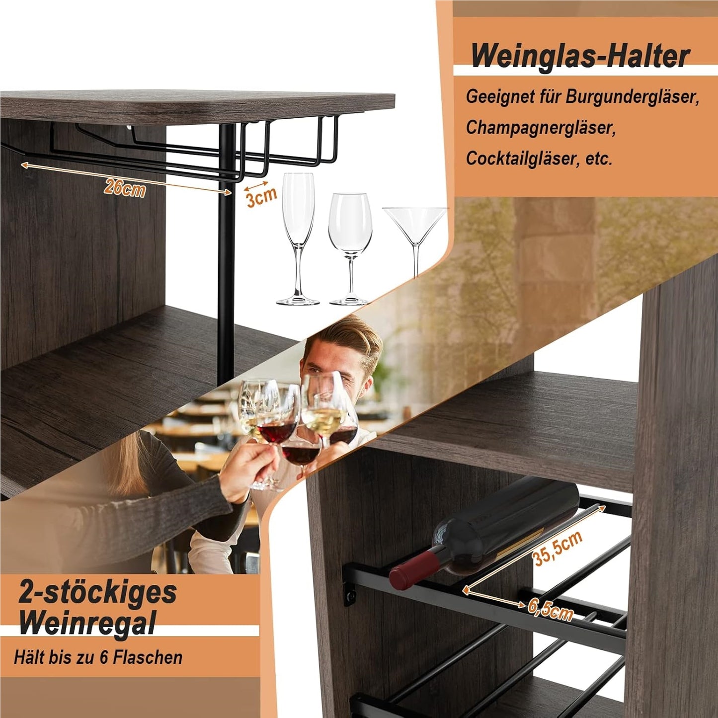 Barset – Bartafel – Barkrukken – Bistrotafel – Barmeubel – Met Opbergruimte Voor Flessen – Industrieel Metalen Frame – Compact 120x40x90,5 cm – Verstelbare Voetsteunen