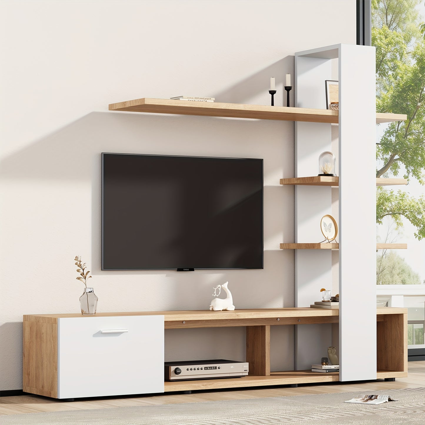 tv-meubel – TV-kast – TV-meubelset – TV-wandmeubel – TV-lowboard – Wit en Eikenhout – Geschikt voor televisies tot 60 inch – Duurzaam massief hardhout
