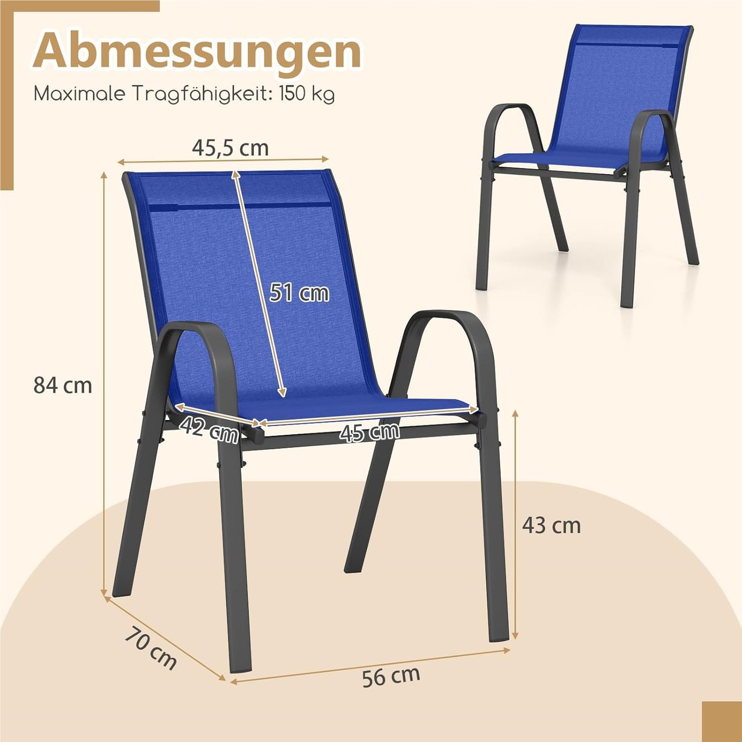 Tuinstoelen – Tuinstoel Set – Balkonstoelen – Terrasstoelen – Stapelbare Stoelen – Blauw – Weerbestendig Textiel – Metalen Frame – Belastbaar Tot 150 kg – 56x70x84 cm