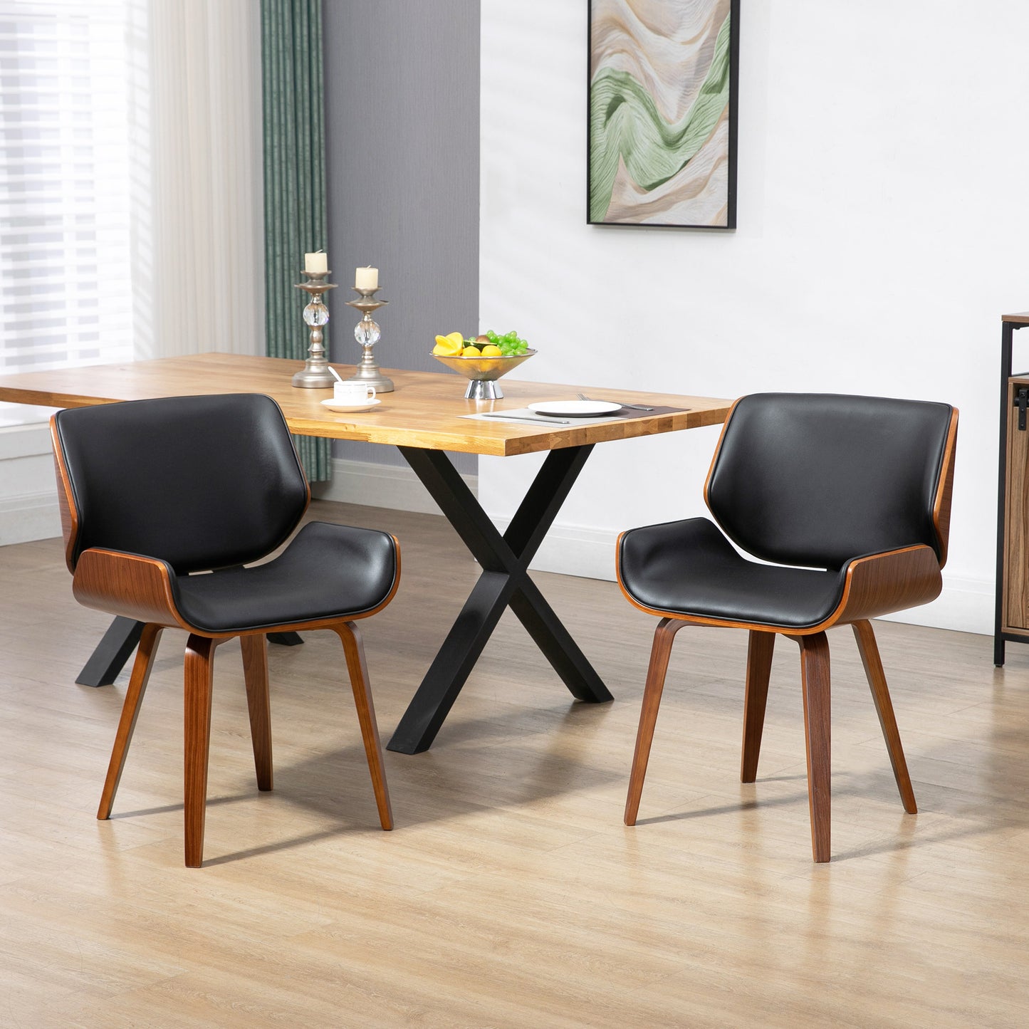 Vintage Eetkamerstoelen – Stoelen – Eetkamerstoelen Set – Kuipstoelen – Design Stoelen – Zwarte Synthetisch Leren Zitting – Houten Poten – Comfortabele Foam Vulling