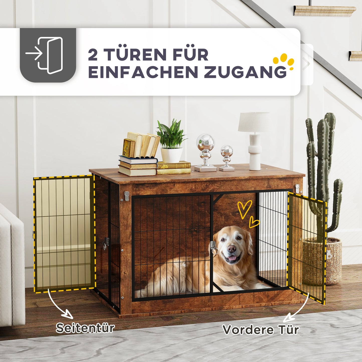 Hondenbench – Hondenkooi – Hondenhok – Hondenmand – Dierenbench – Rustiek Bruin – 2 Slotbare Deuren – Stevig Spaanplaat Metalen Frame – 93x55x62,5 cm Binnenruimte