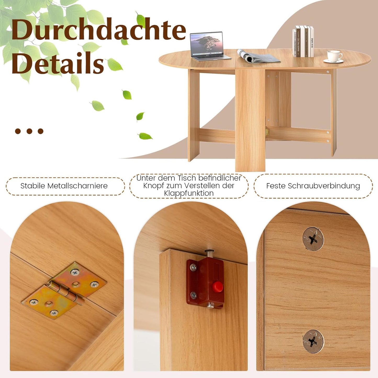 Inklapbare Eettafel – Uitklapbare Tafel – Opklapbare Houten Tafel – Multifunctionele Keukentafel – Ruimtebesparende Tafel – Geschikt Voor 4-7 Personen – Stevig Tot 60 kg Belastbaar – Natuurlijk Hout