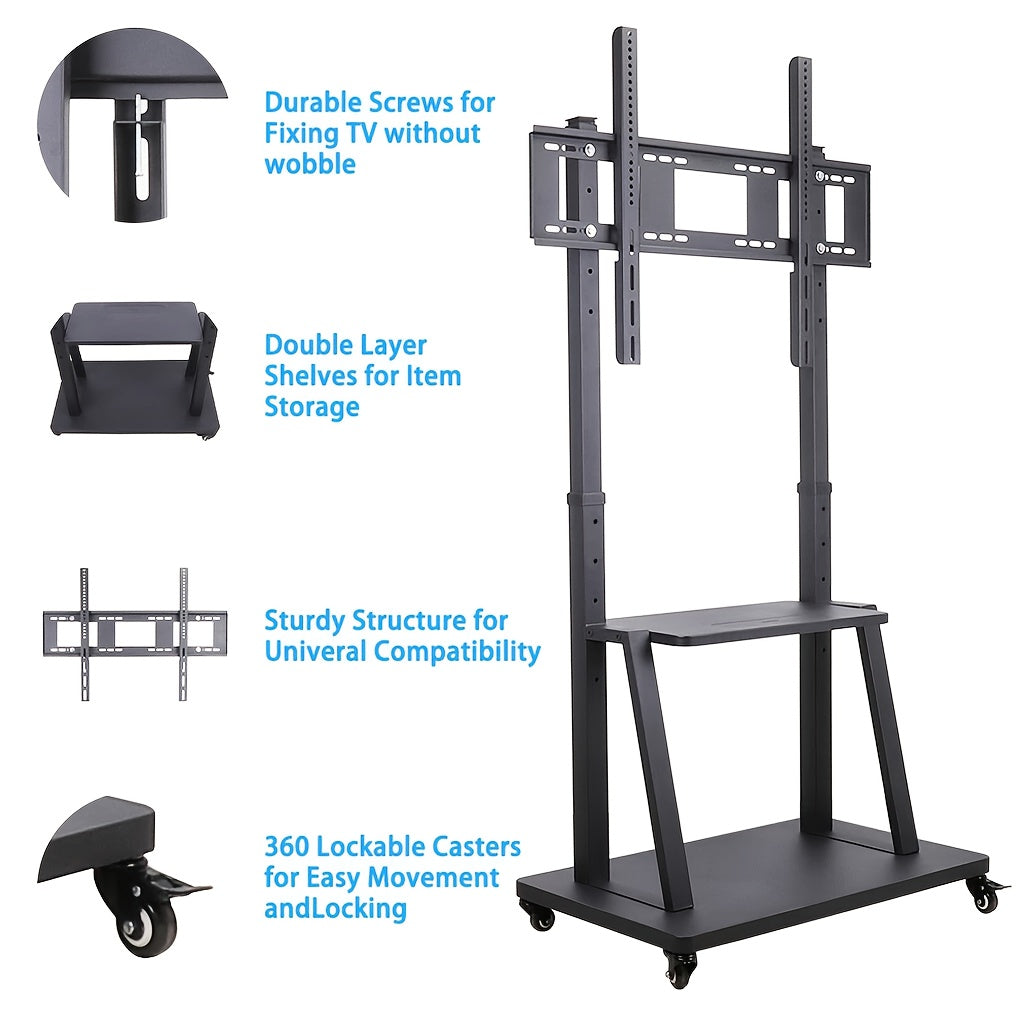 Mobiele TV-standaard – Verrijdbare TV-wagen – Verstelbare TV-houder – Mobiele TV-kar – TV-trolley Zwart – Verstelbare hoogte tot 175 cm – Stevige metalen constructie tot 80 kg