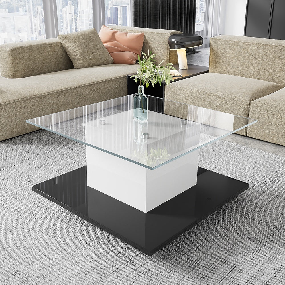 Salontafel – Koffietafel – Tafel – Bijzettafel – Glasplaat – Zwart – Verstelbare Wieltjes – Opbergruimte – Hoogwaardig Glas – Compact Vierkant Design