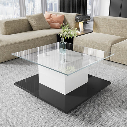 Salontafel – Koffietafel – Tafel – Bijzettafel – Glasplaat – Zwart – Verstelbare Wieltjes – Opbergruimte – Hoogwaardig Glas – Compact Vierkant Design