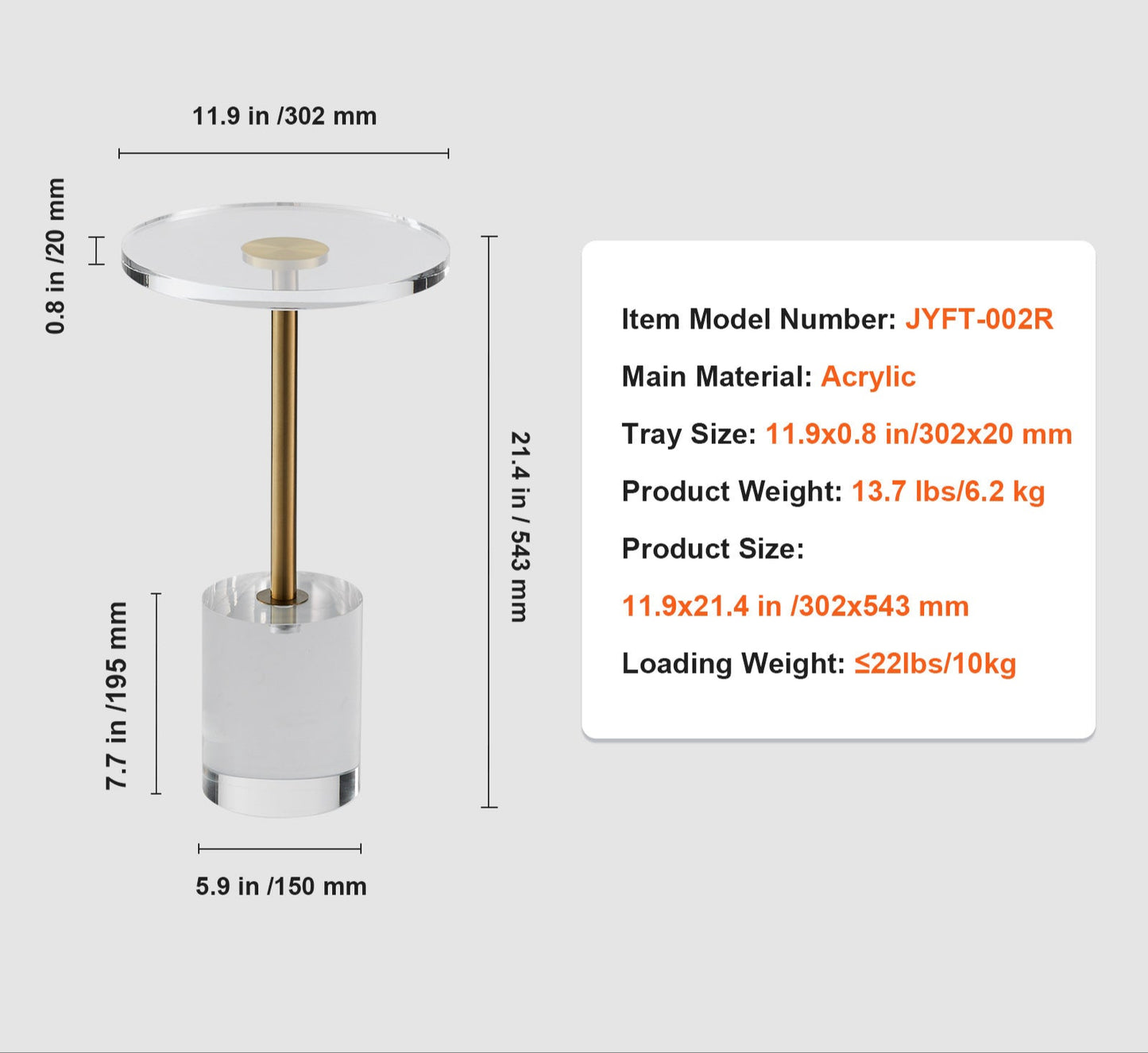 Bijzettafel – Tafeltje – Nachtkastje – Salontafel – Banktafel – Helder Acryl – Rond Tafelblad 30 cm – Hoogte 54 cm