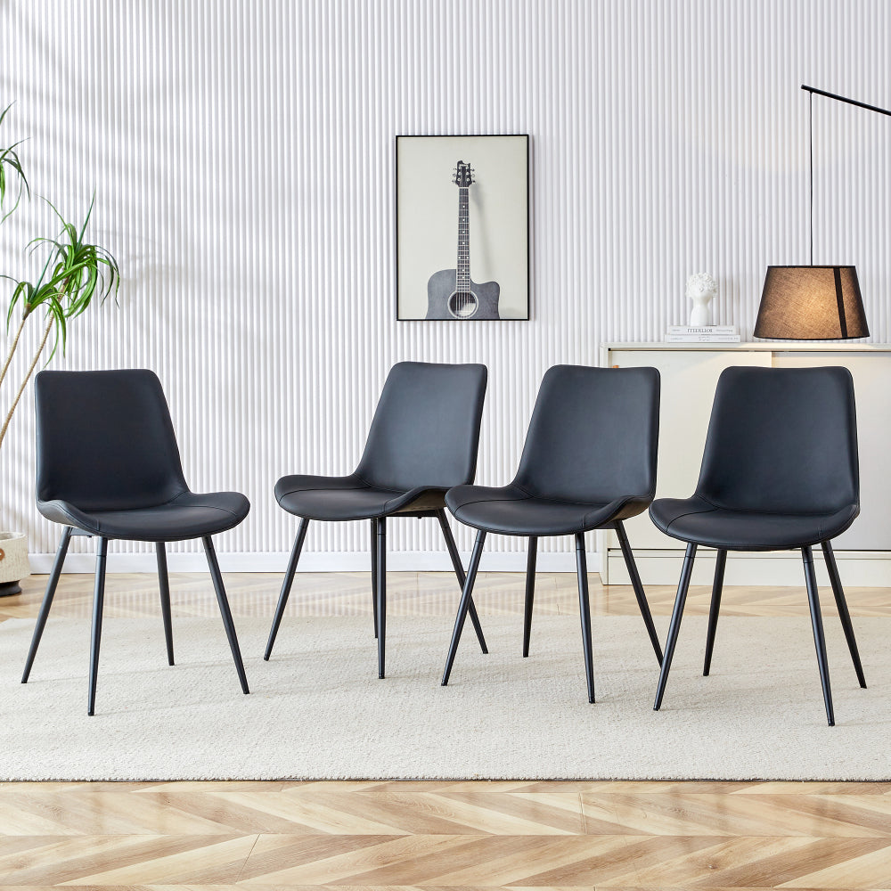 A four-piece modern dining set featuring black upholstery and a metal frame, with generously proportioned seats and backrests. Ideal for dining rooms, home offices and various living areas.